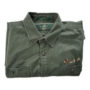 VINTAGE 90s Orvis Fly Fishing Shirt Men's L Green Embroidered Cotton Long Sleeve